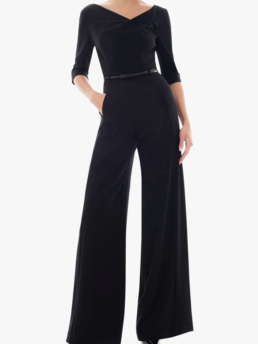 Black Halo Jackie O 3/4 sleeve Black Wide-Leg Belted Jumpsuit